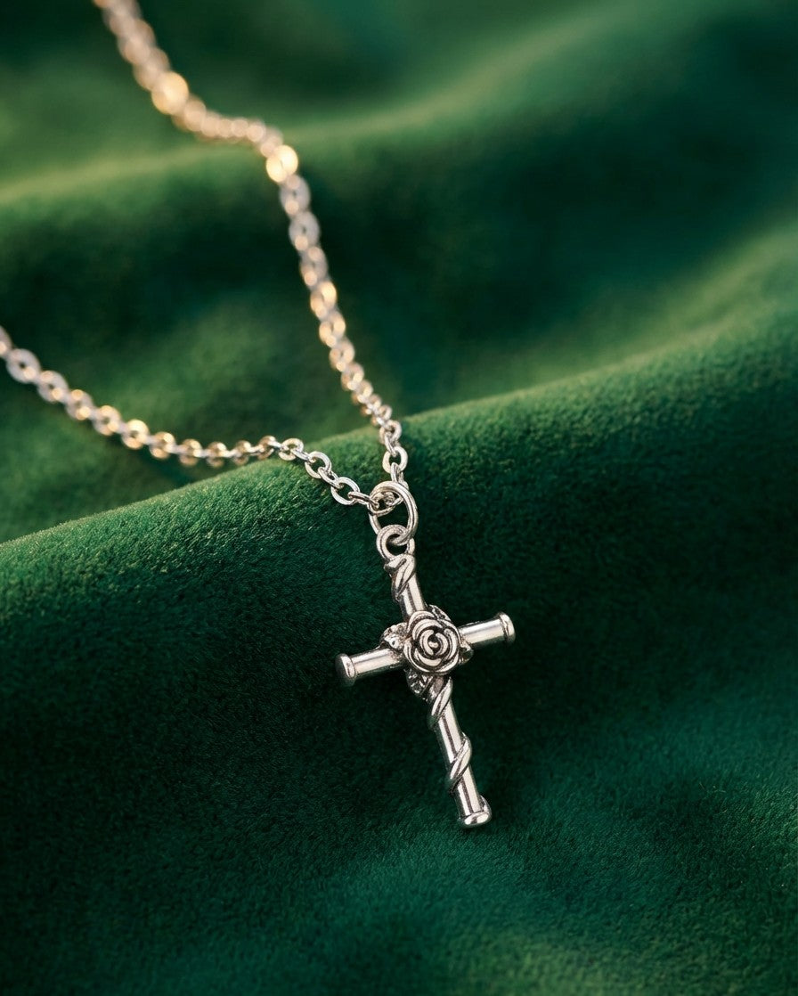 Silver Cross and Rose Pendant