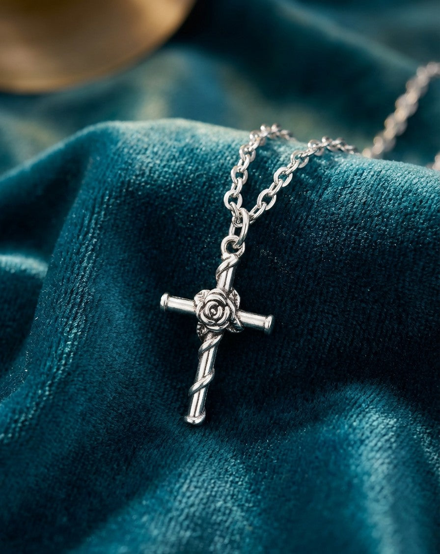 Silver Cross and Rose Pendant