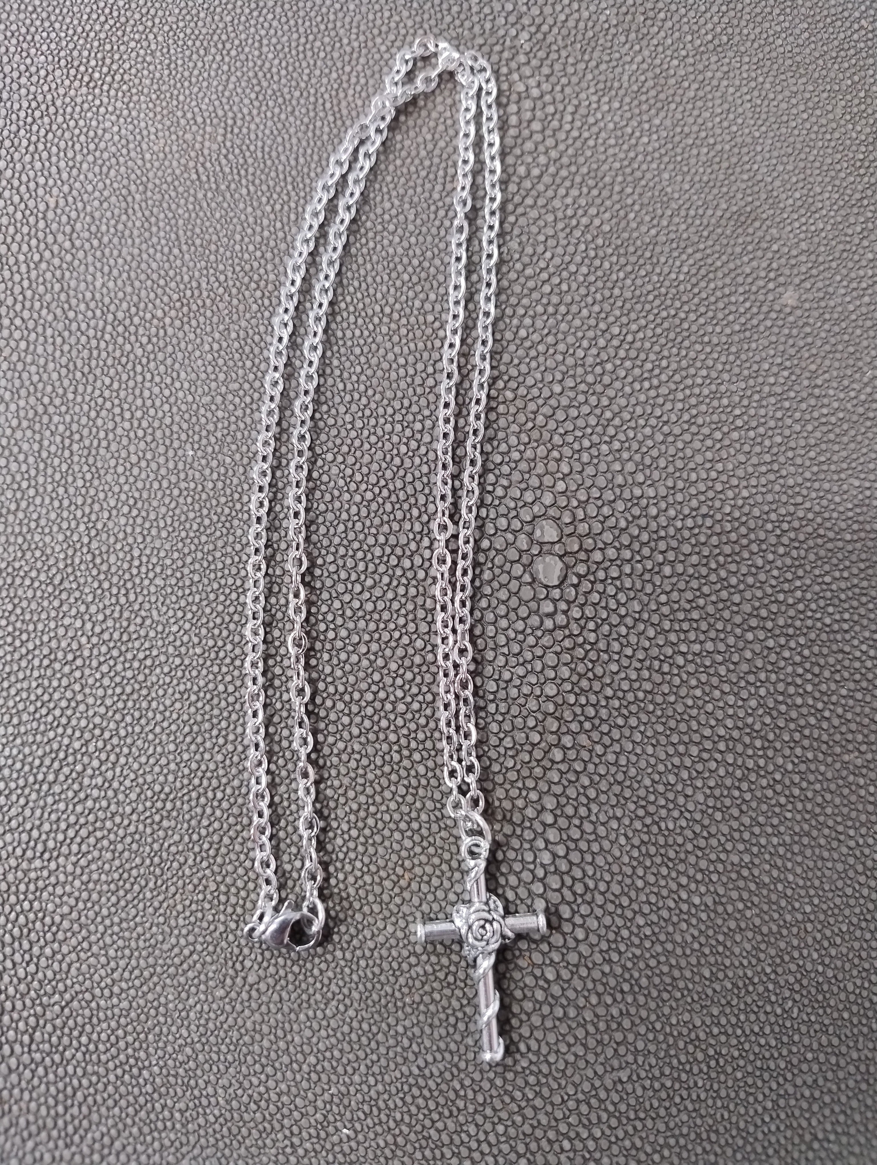 Silver Cross and Rose Pendant